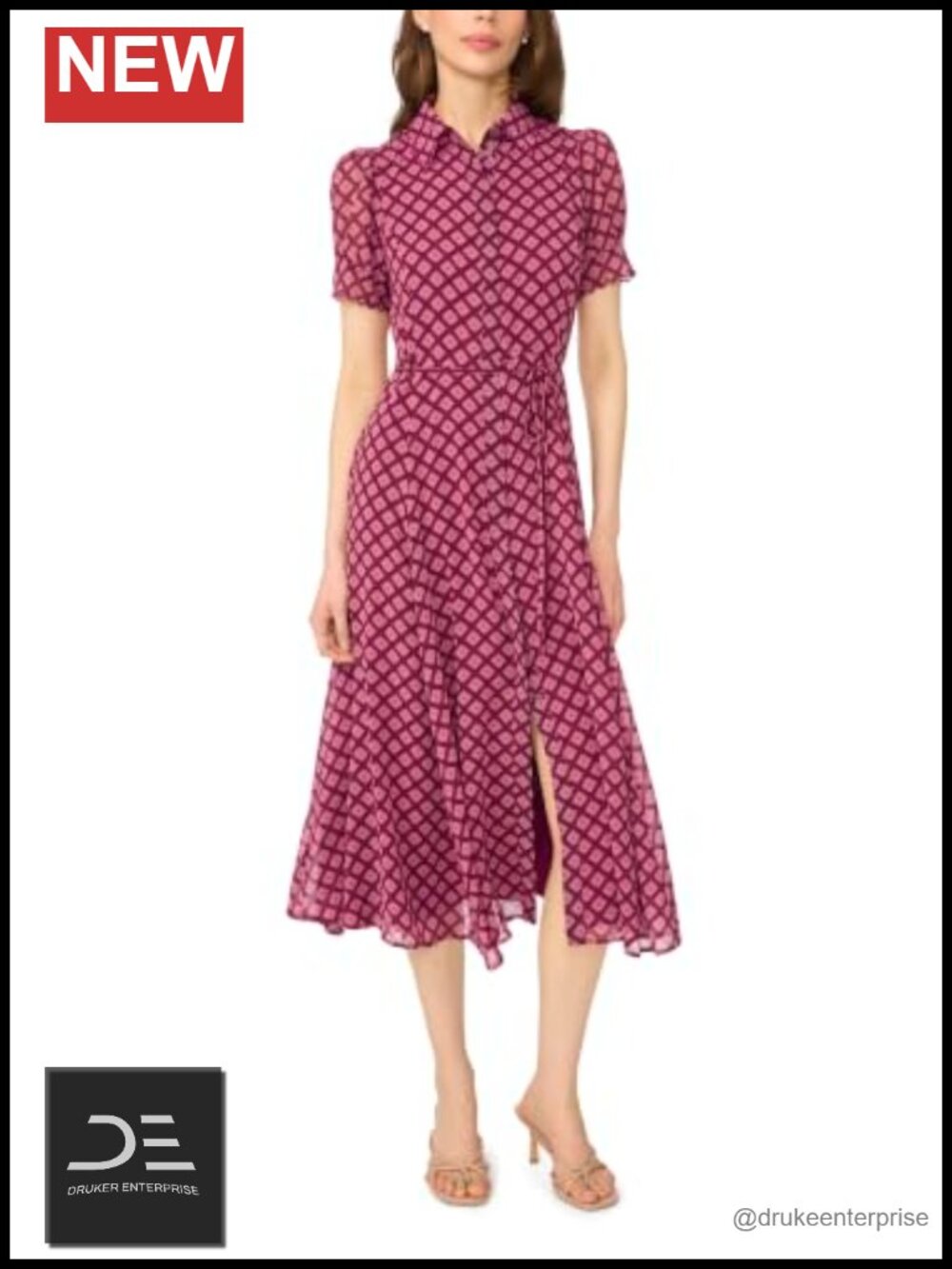 CeCe Scallop Trim Midi Dress Tie Waist Short Sleeve Polka Dot Shift